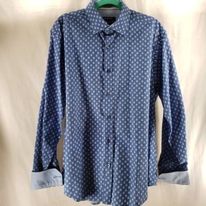 Bugatchi Blue and White Size Large Shaped Fit Button-Down Long Sleeve Top